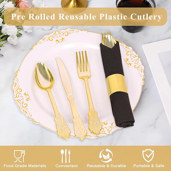 50 Pack Pre Rolled Gold Plastic Silverware Set,Fancy Wrapped Plastic Cutlery Set with Napkin Include 50 Forks,50 Spoons,50 Knives and 50 Black Napkins for Party, Wedding,Christmas