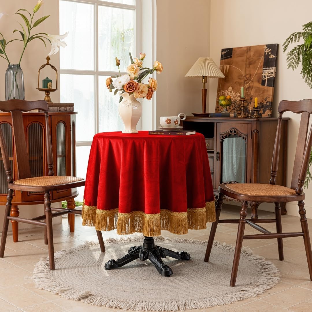 F-CHU Red Tablecloth Thickset Velvet Tablecloth with Beautiful Gold Tassels Vintage Table Cloth for Home Decor Wedding, Party, Banquet and Events 48" Round