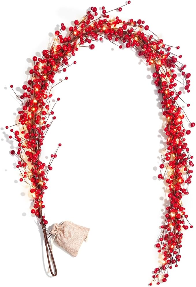 LampLust Lighted Garland, 6 Ft Red Berry Garland, 100 LED Lights, Spring Garland for Mantle All Year Round, Battery Powered, Timer Included, Farmhouse Decor, Table Top Decor for Dining Room