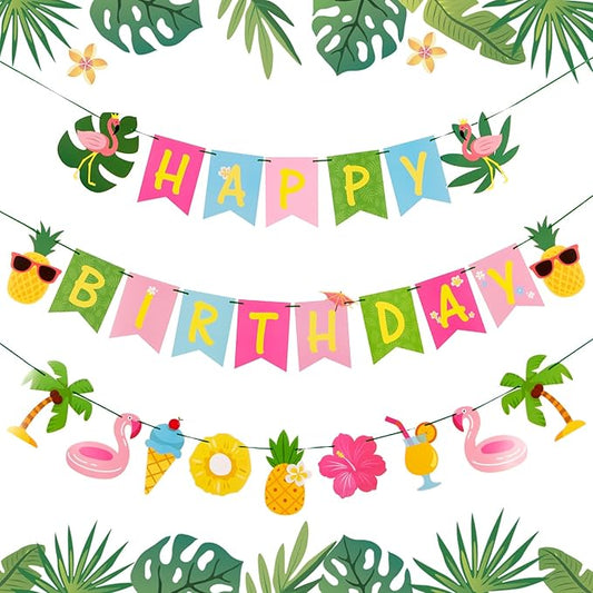SUNBEAUTY Hawaiian Happy Birthday Banner Tropical Luau Party Birthday Flamingo Pineapple Palm Leaf Banner for Summer Birthday Party Decorations Supplies | Pre-Strung
