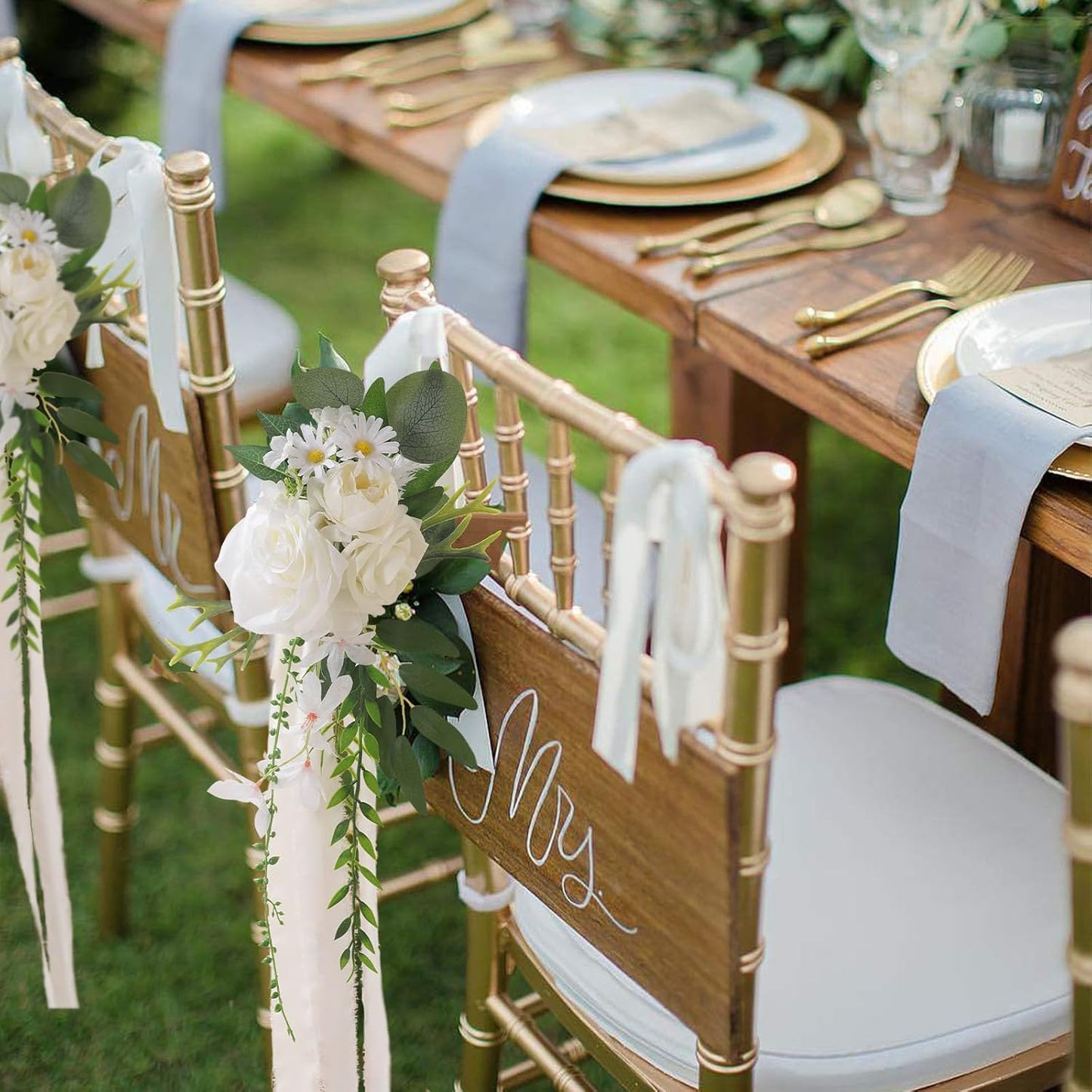 Wedding Aisle Decorations Set of 8 Chair Back Flowers Floral Pew Wedding Decorations for Ceremony with Chiffon Ribbons Fall Decor