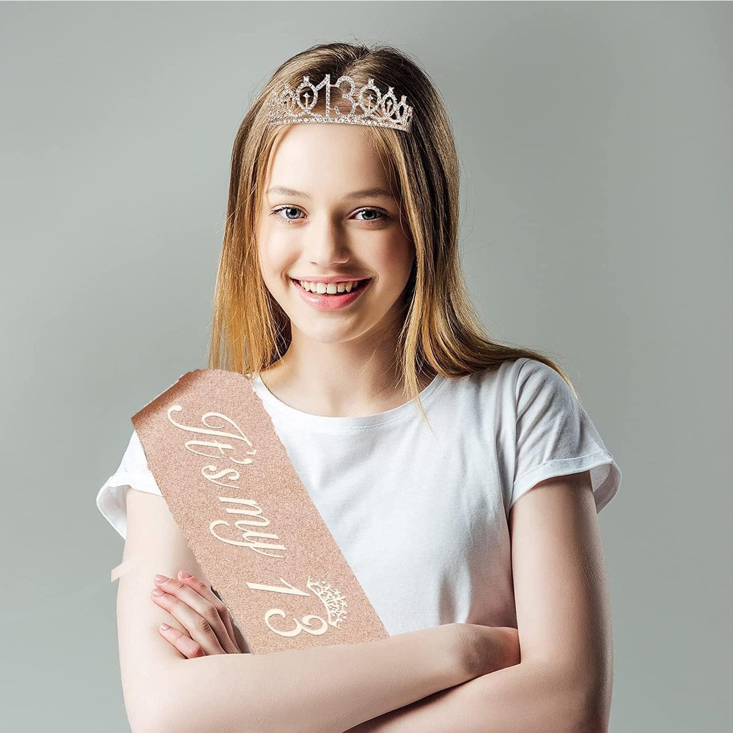 13th Birthday Decorations for Girls, Including Sash, Crown/Tiara, Candles and Cake Topper, Rose Gold Teen Girl Gifts for 13 Year Old Birthday Decorations