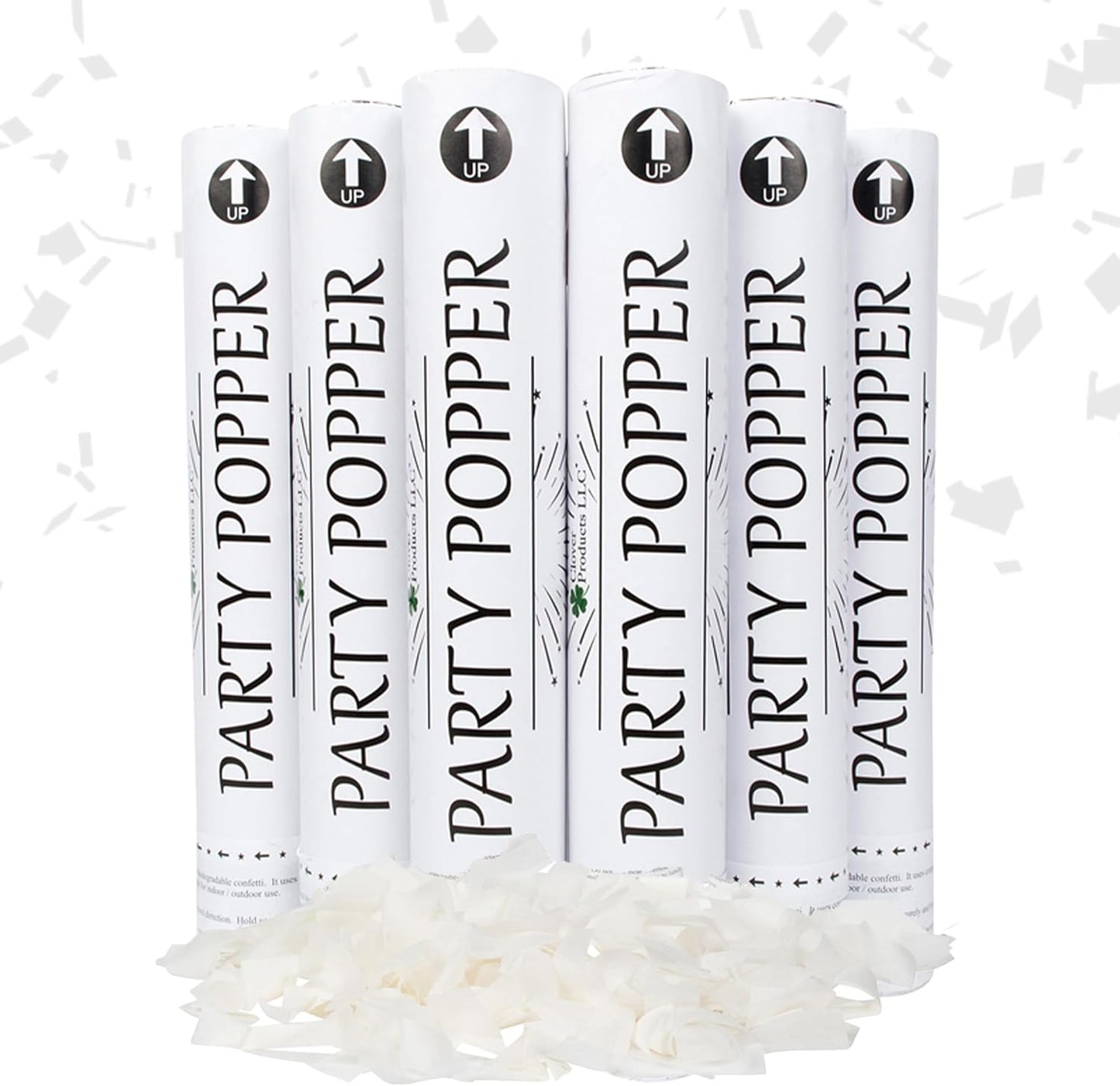 Clover Products 12" Biodegradable Confetti Cannons | 6 Pack | White Poppers for Weddings, Birthdays & Events | Air-Powered, Safe & Easy to Use | Shoots 25 Feet for Indoor & Outdoor Celebrations