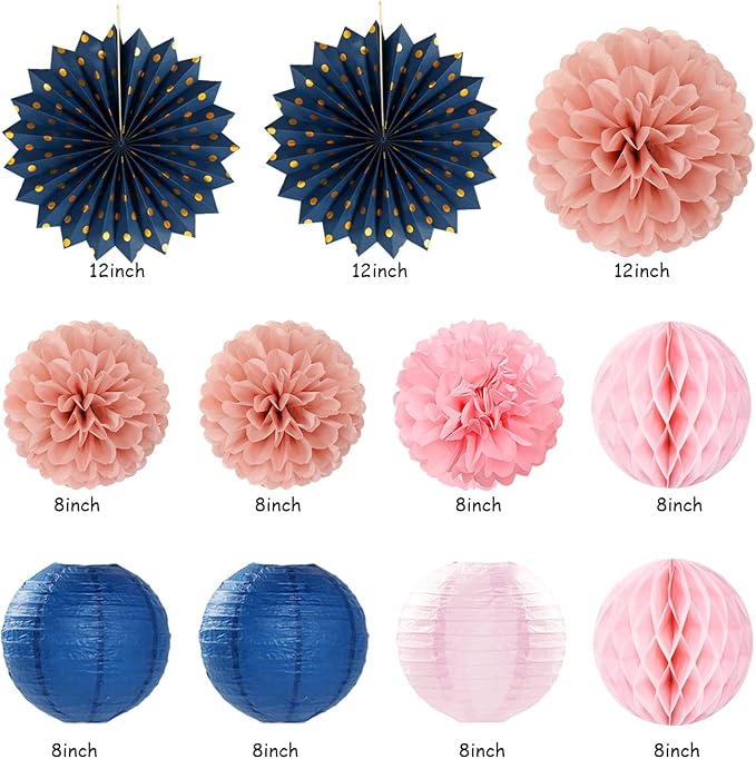 Pink Rose-Gold Navy-Blue Birthday Party-decorations - 21pcs Women Girl Happy Banner Garland, Paper Streamers Lanterns,Flower Tissue Pom Poms Fan Supplies, Princess Wall Backdrop Decor Huglony