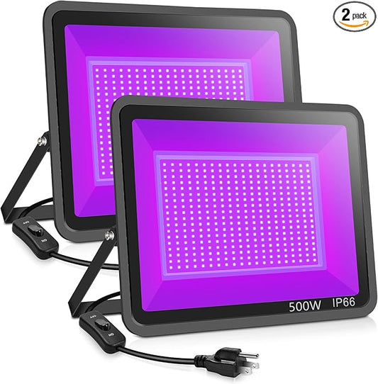 2 Pack 500W LED Black Lights,Outdoor Flood Blacklight Light with Plug, IP66 Waterproof 395nm to 410nm forGlow in The Dark, Dance Party, Stage Lighting, Body Paint, Fluorescent Poster, Neon Glow