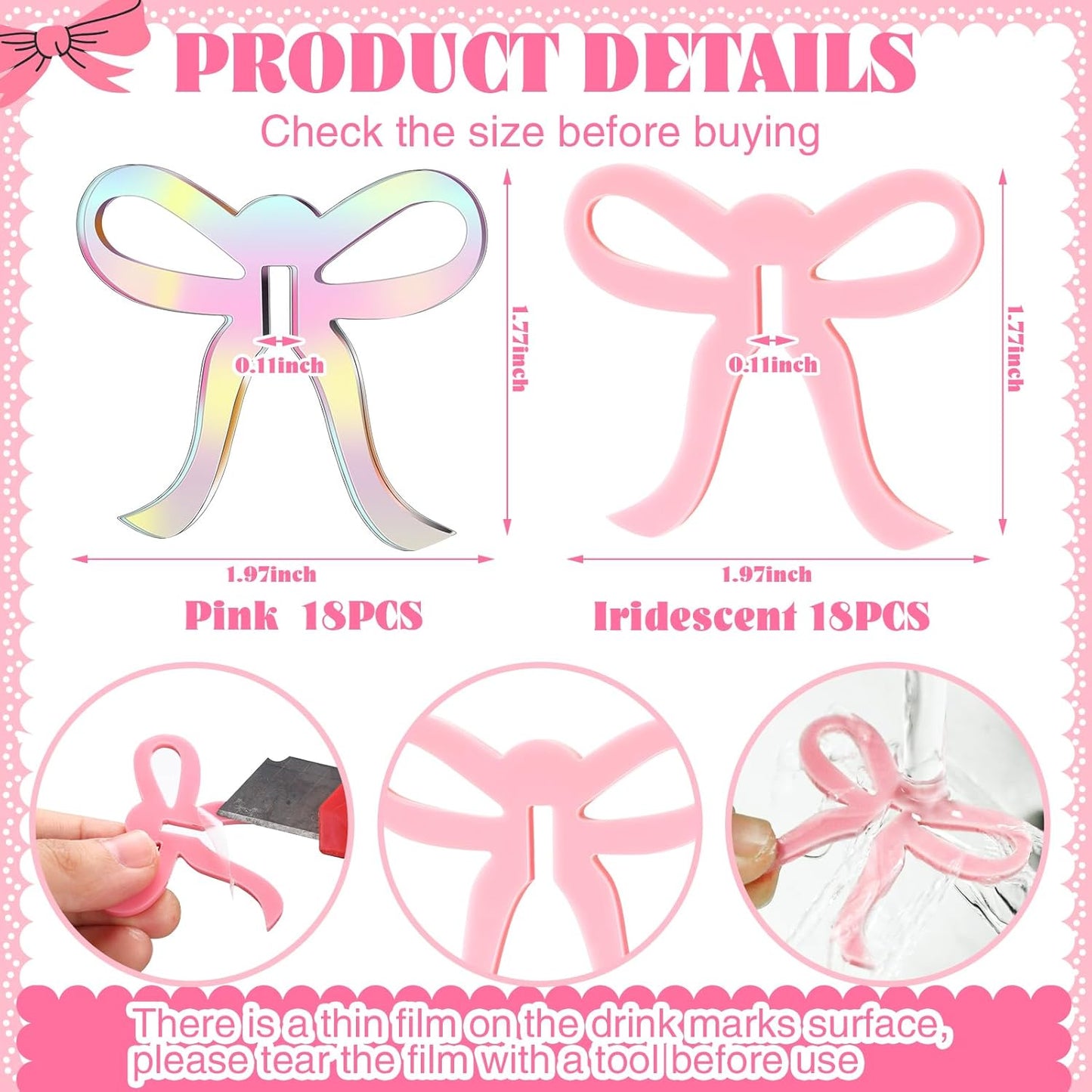 36 Pcs Bow Drink Markers Acrylic Drink Tags Bowknot Wine Glass Charms for Bachelorette Coquette Birthday Cocktail Wedding Decoration Bridal Shower Party Favors