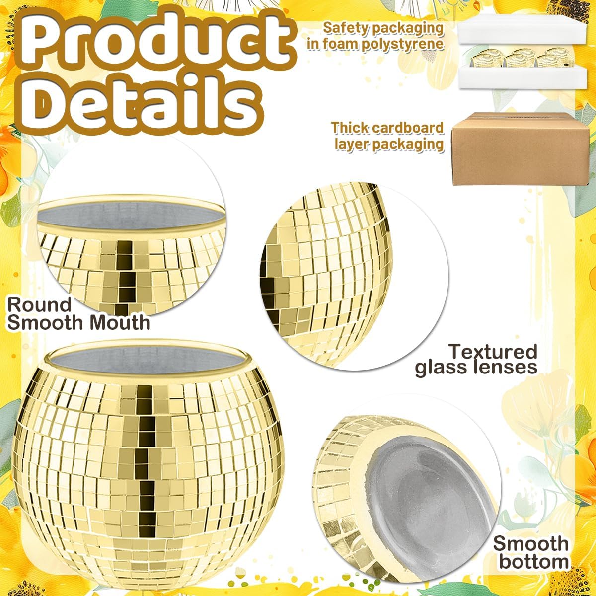 6 Pcs Disco Ball Vase,5" X 6" Disco Ball Centerpieces,Glass Disco Ball Planter Mirror Disco Ball Decor Can Be Used for Wedding Centerpieces,Birthday,Office(Gold)