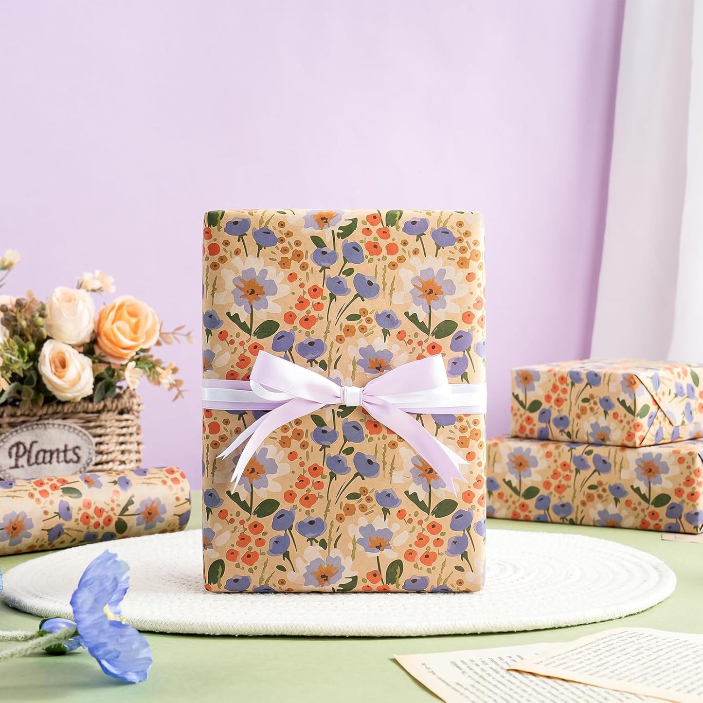 WRAPAHOLIC Kraft Floral Wrapping Paper Roll - Mini Roll - 17 Inch x 16.5 Feet - Watercolor Flower Wrapping Paper, Perfect for Wedding, Birthday, Bridal Shower, Tea Party
