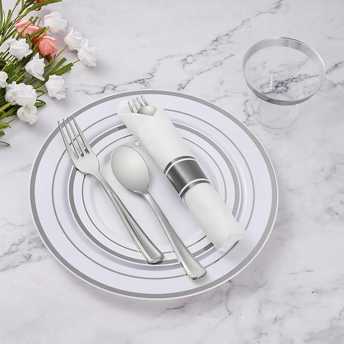 Goodluck 50 Pack Pre Rolled Silver Plastic Silverware, Wrapped Plastic Cutlery Set with Napkin Include 50 Forks, 50 Knives, 50 Spoons and 50 Napkins, Fancy Disposable Silverware for Party, Wedding