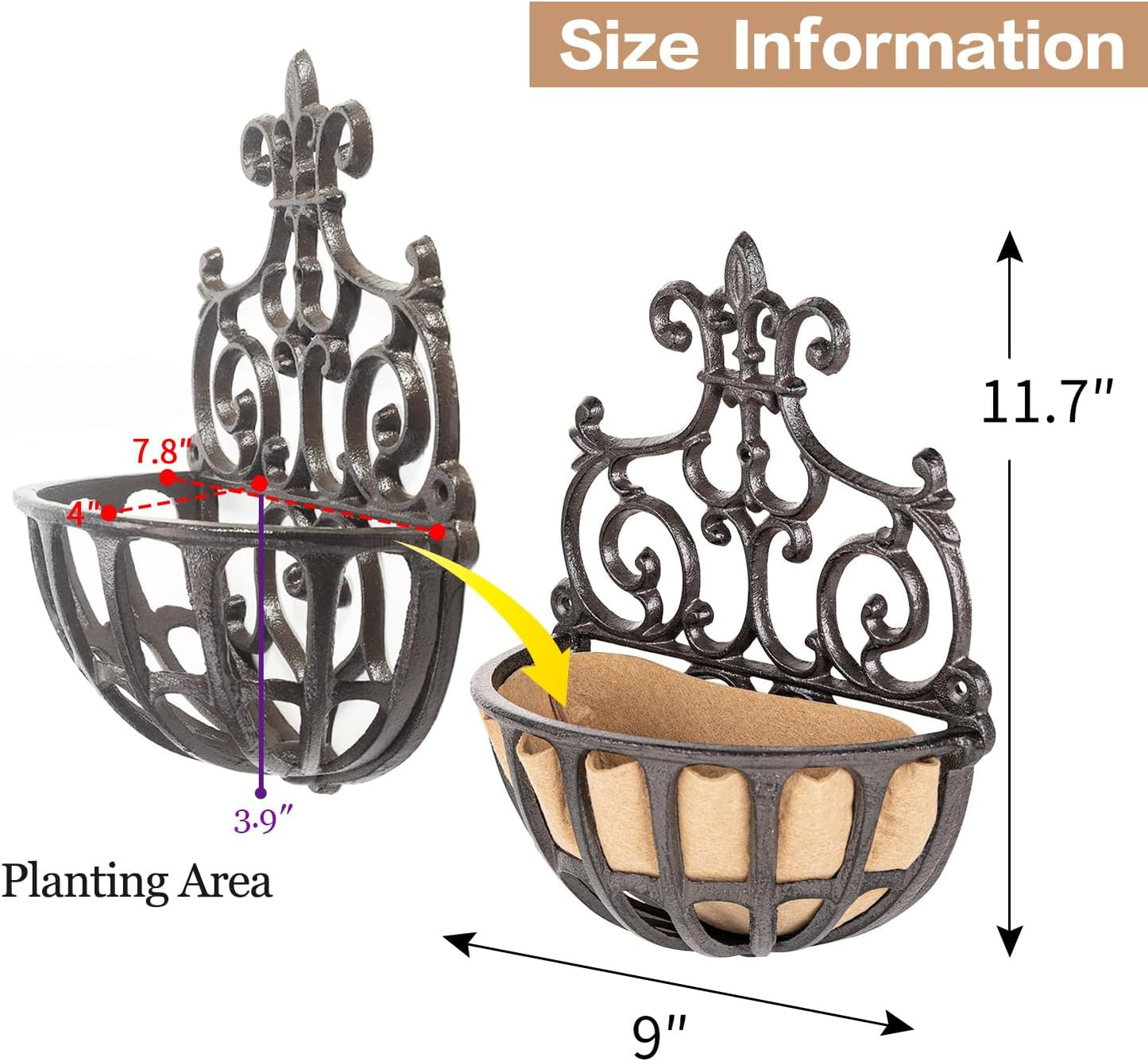 Sungmor 2PC Small Cast Iron Baskets, Heavy-Duty Wall Hanging Hollow Planter w/Fabric Liner, Antique Victoria Half Round Wall Pot Plants Holder, Outdoor Railing Fence Balcony Hanging Basket Flower Pot