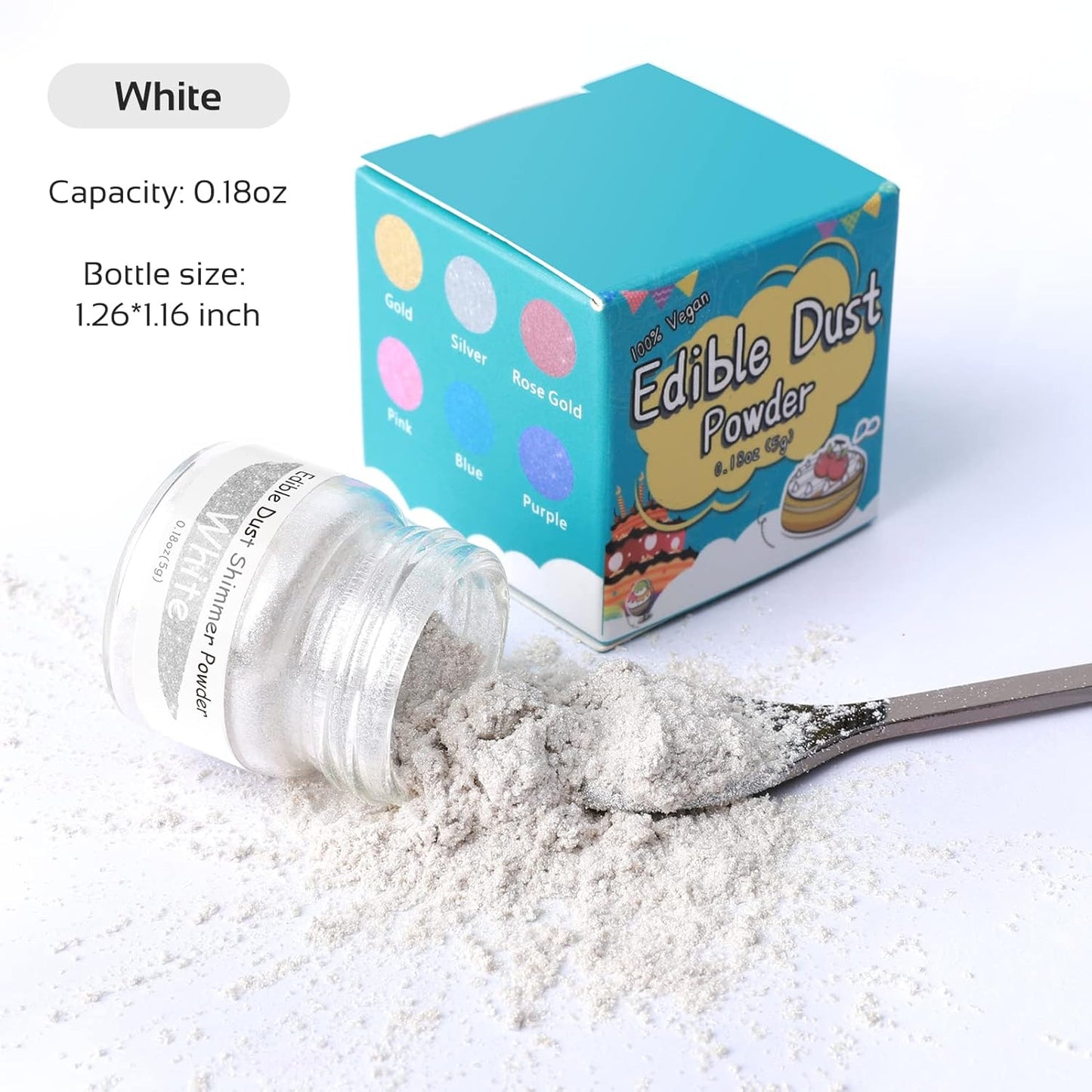Jelife White Edible Luster Dust - 5 Grams Food Grade Cake Dust Shimmer Powdered, Edible Metallic Powder Food Coloring for Cake Decorating, Chocolates, Fondant, Drinks, Painting & More, Vegan