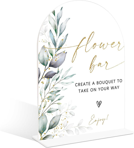 Acrylic Wedding Signs, Greenery Theme Flower Bar Sign, Wedding Reception Signage, Bridal Shower Table Decor with Stand, Flower Bar Supplies for Engagement, Anniversary, Newlywed Event and Party, 03
