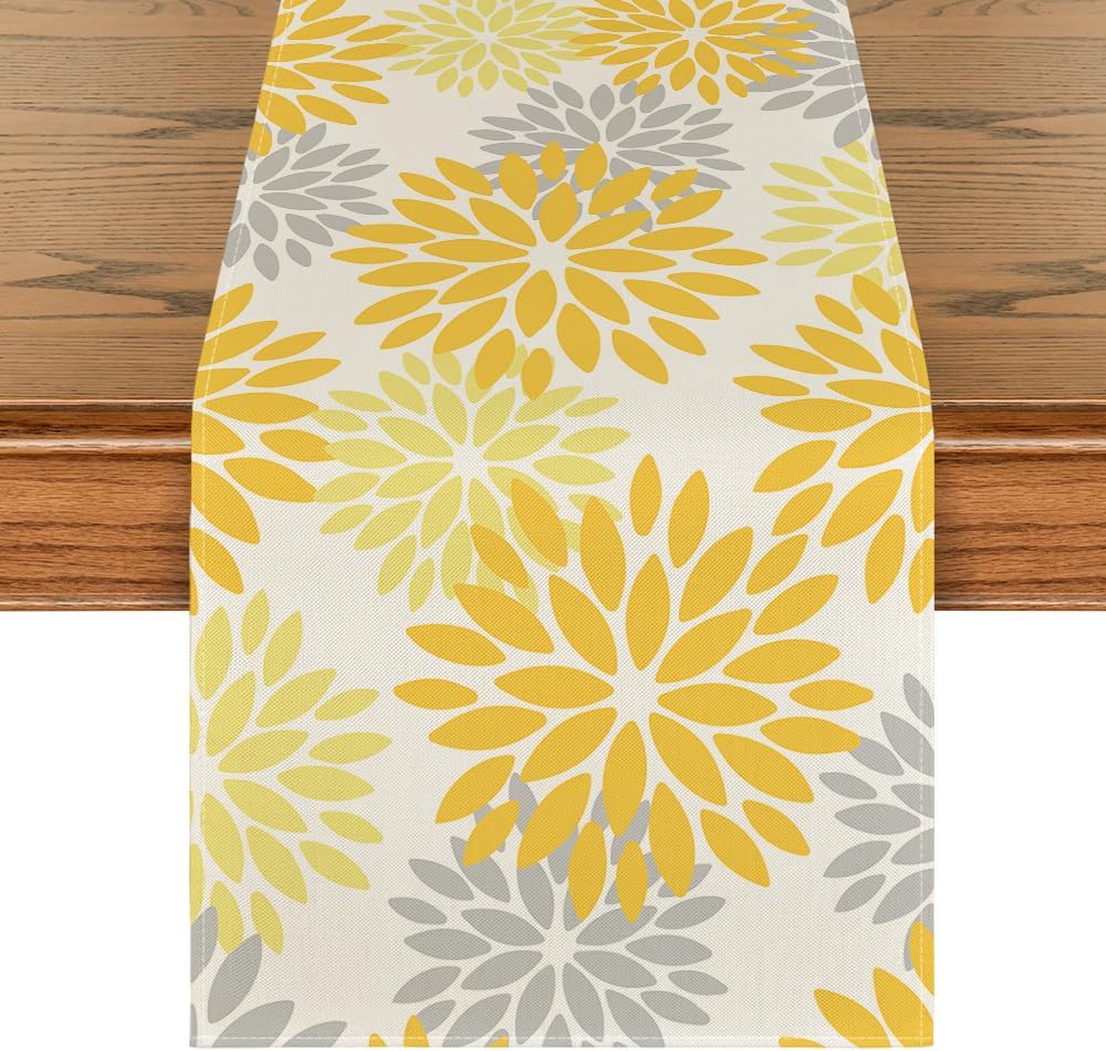 Artoid Mode Yellow Dahlia Floral Pinnata Summer Table Runner, Seasonal Spring Holiday Kitchen Dining Table Decoration for Home Party Decor 13x72 Inch