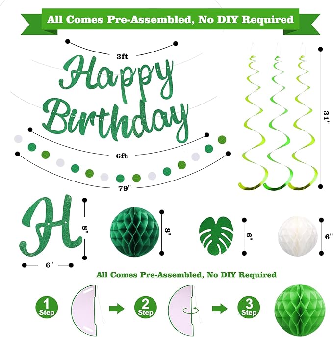 Birthday Decorations, NO DIY, Pre-Strung Happy Birthday Banner with Honeycomb Balls, Hanging Swirls, Circle Dots Garland, Happy Birthday Party Decorations for Women Men Boys Girls (Green)