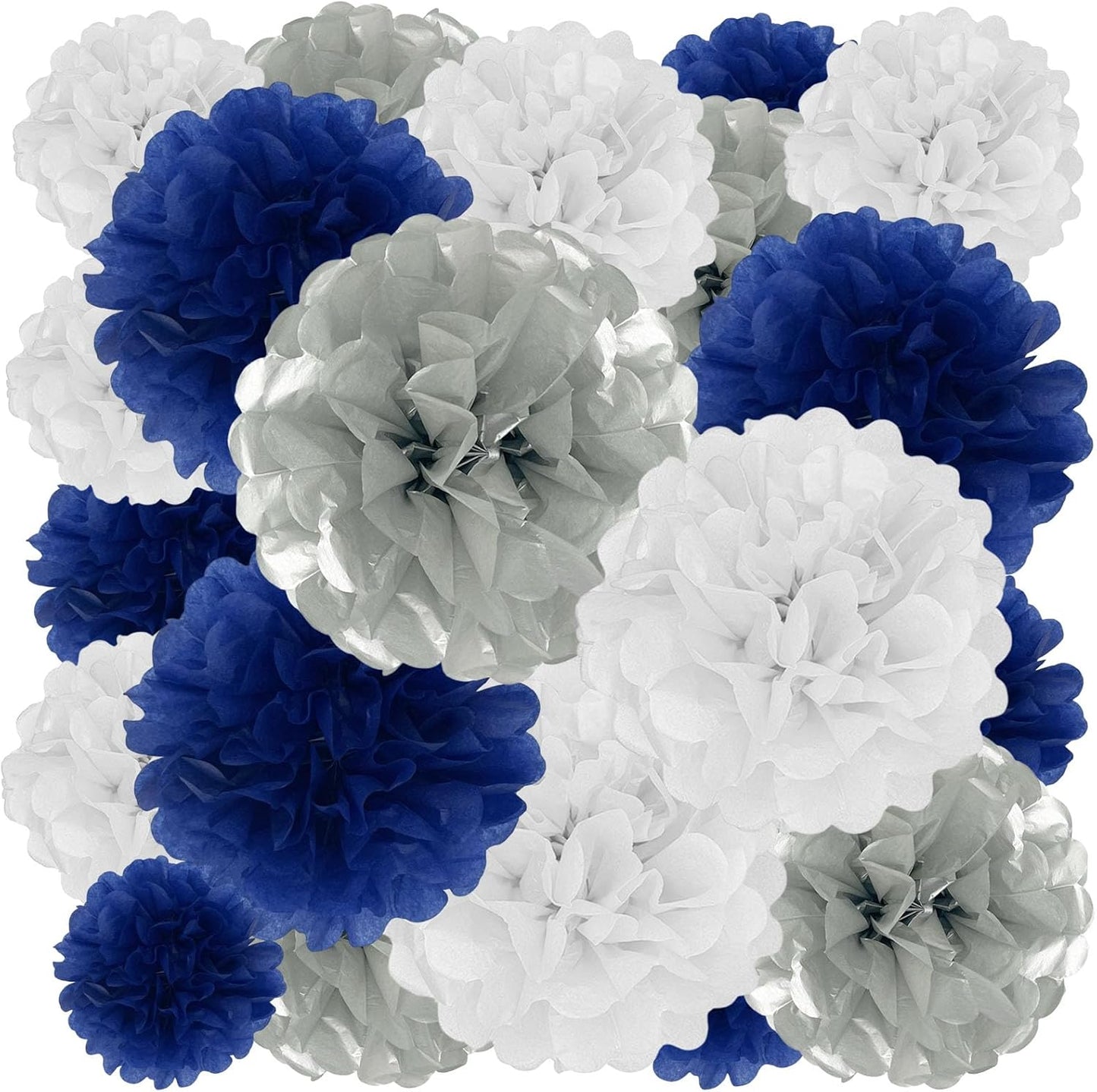 Tissue Paper Pom Poms, Silver Blue White Tissue Paper Flowers, Hanging Flower Balls for Weddings Fiesta Parties Birthday Baby Showers Classroom Bridal Shower Decoration (18Piece Set-6/10/12/14Inch)