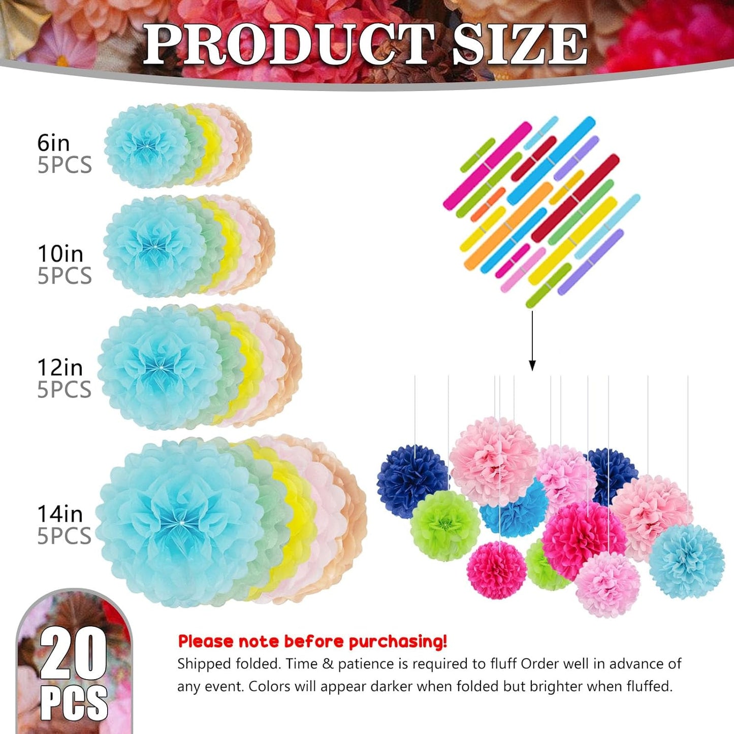 Tissue Paper Pom Poms, Light Colorful Tissue Paper Flowers, Hanging Flower Balls for Easter Weddings Fiesta Parties Birthday Baby Showers Classroom Decoration (20Piece Set-6/10/12/14Inch)