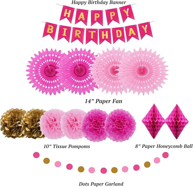ELOPELY Hot Pink Girls Birthday Party Decoration, Tissue Pom Pom Paper Fan Rose Red Golden Happy Birthday Banner Decorations for Girls (Pink, Rose Red)