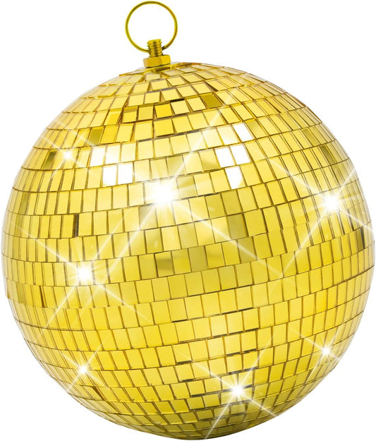 Mirror Disco Ball Decor with Hanging Ring: 8 Inch Large Gold Disco Ball Ornaments - Hanging Party Disco Balls for Party Decorations, 70s Theme Party, DJ, Wedding, Birthday, Christmas