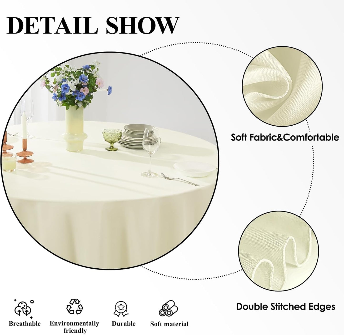 Round Tablecloth 2 Pack 108 Inch Ivory Tablecloths Washable Decorative Linen Polyester Table Clothes Cover for Dining Table Banquets Buffet Parties and Wedding