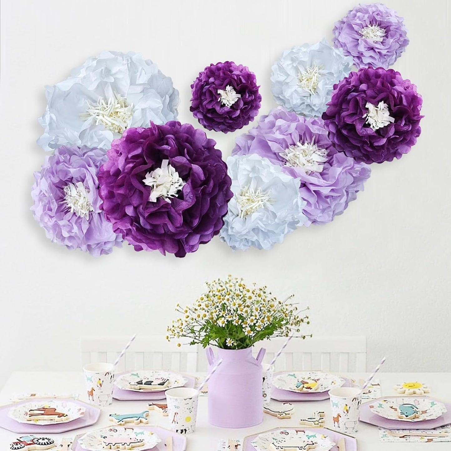Purple Paper Flower Pom Poms Wall Decorations for Sweet Party Background, Birthday, Bachelor Party, Baby Shower, Graduations, Tea Parties