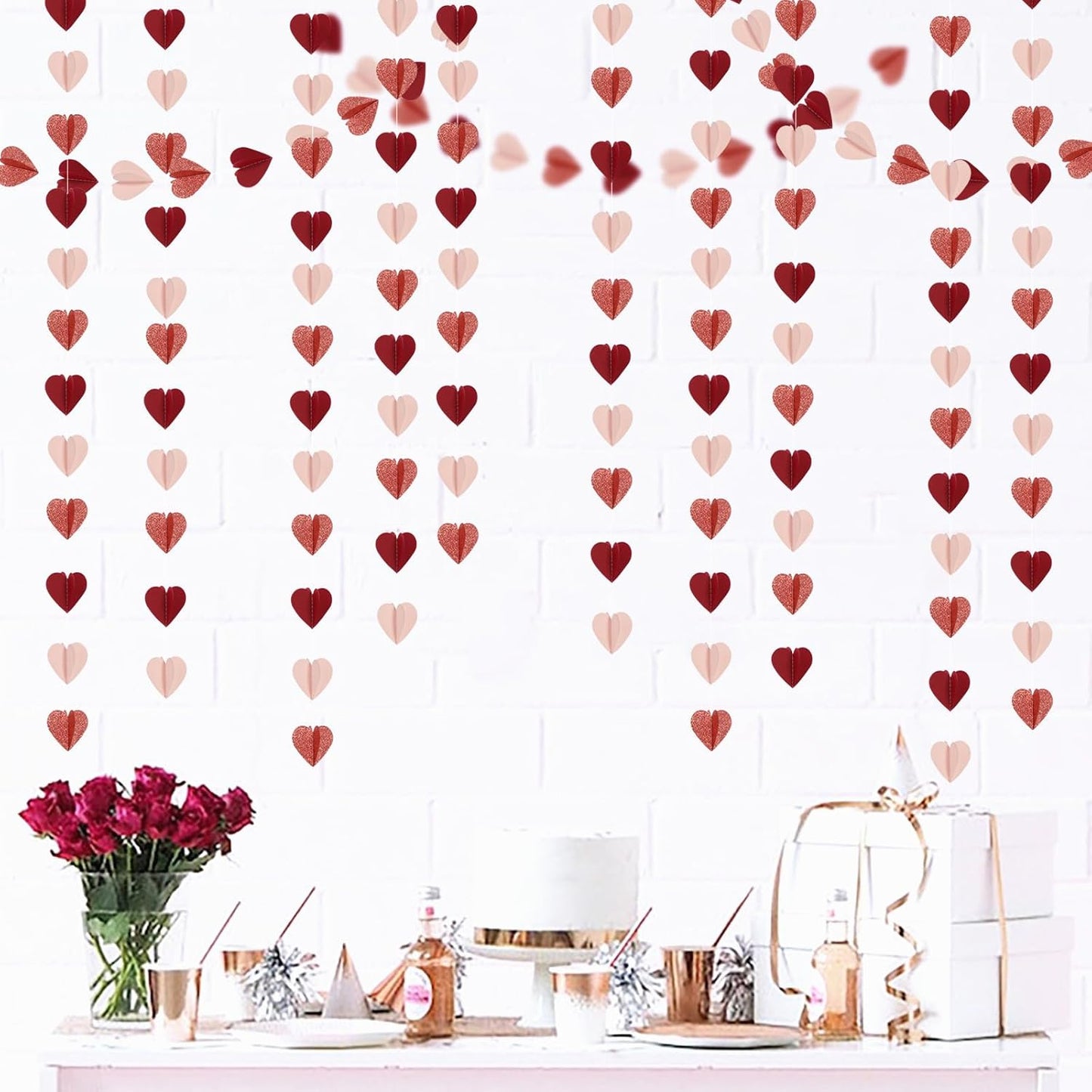 Rose-Gold Pink Burgundy-Red 3D-Heart Garland - 39Ft Party Decorations Hanging Paper Streamers Banner,Engagement Wedding Bachelorette Baby Bridal Shower Decor Ouruola