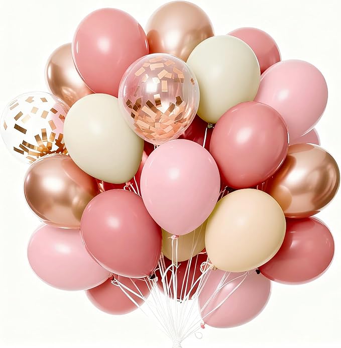 PartyWoo Dusty Pink Balloons 65pcs 12 Inch Blush Rose Pink Metallic Rose Gold Nude Boho White Sand Confetti Balloons for Baby Shower Birthday Gender Reveal Wedding Anniversary Party Decorations