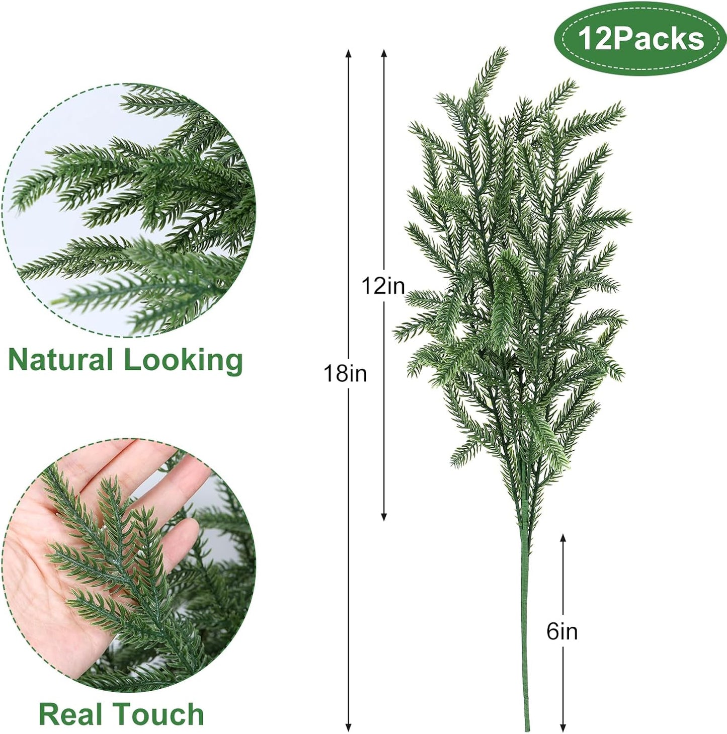 12 Pcs Christmas Norfolk Pine Branches, Artificial Pine Christmas Stems Real Touch Faux Greenery Pine Picks for Vase DIY Garland Wreath Home Indoor Outdoor Decoration
