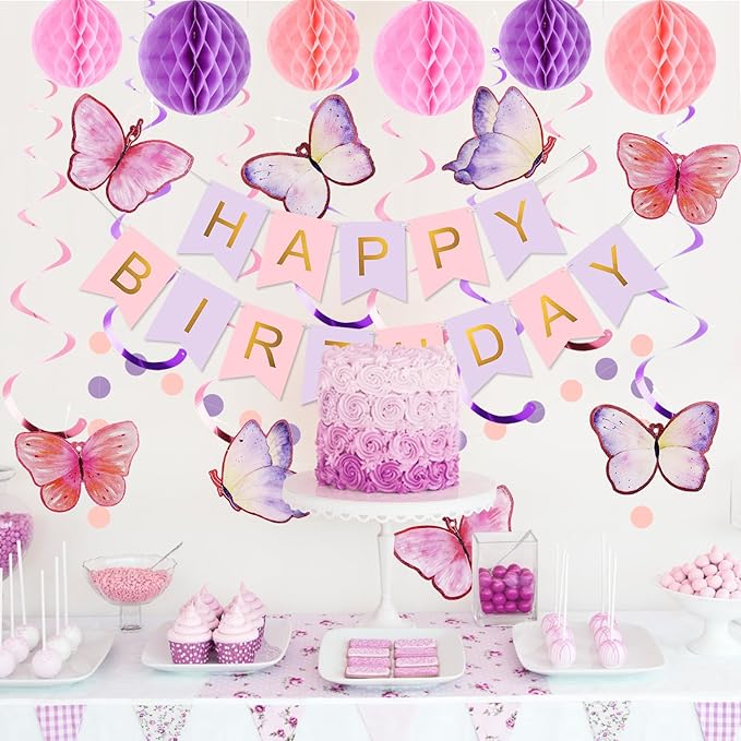 meowtastic Birthday Decorations, Happy Birthday Banner with Honeycomb Balls, Butterfly Hanging Swirl Streamers, Circle Dots Garland, Happy Birthday Party Decorations for Women Girls (Purple & Gold)