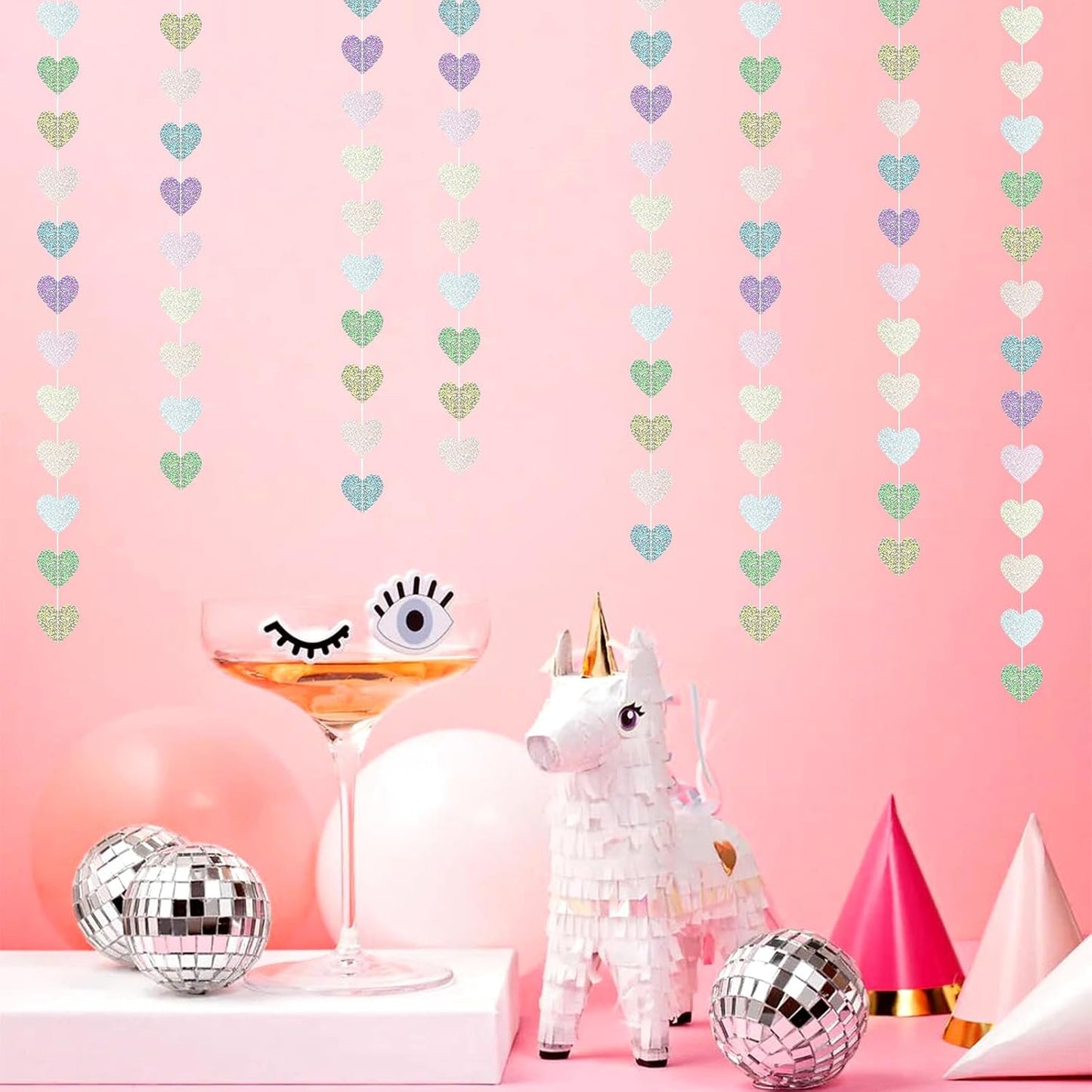 Iridescent Disco-Holographic Party-Decorations Heart Streamers-Garland - 52ft Glitter Dance Hanging Paper Banner, Wedding Bachelorette Birthday Euphoria Galentines Decor Hugfond