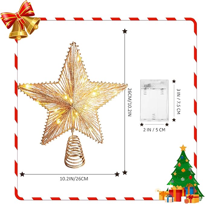 Christmas Tree Topper 10" Golden Glittered Star Tree Topper with 30 LED Lights Xmas Tree Topper Star for Xmas Decorations Ornaments Holiday Party Indoor Decor