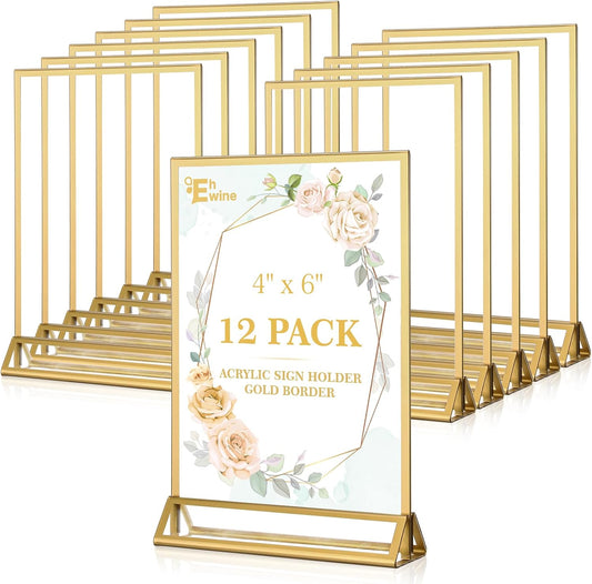 EHWINE 12 Pack Acrylic Sign Holder 4 x 6, Double Sided Gold Picture Frame Stand up Table Top Sign Holders, Clear Display Stand Menu Flyer Holder for Wedding Party