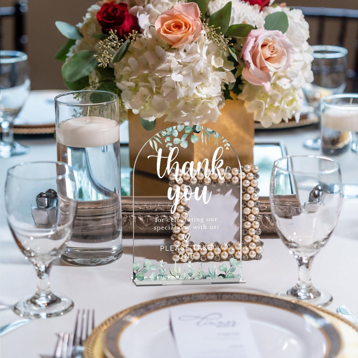 Acrylic Wedding Sign Thank You Signs for Ceremony Modern Calligraphy Arch Acrylic Table Top Signs for Wedding Reception and Event Party Table Decor (Eucalyptus Leaves)