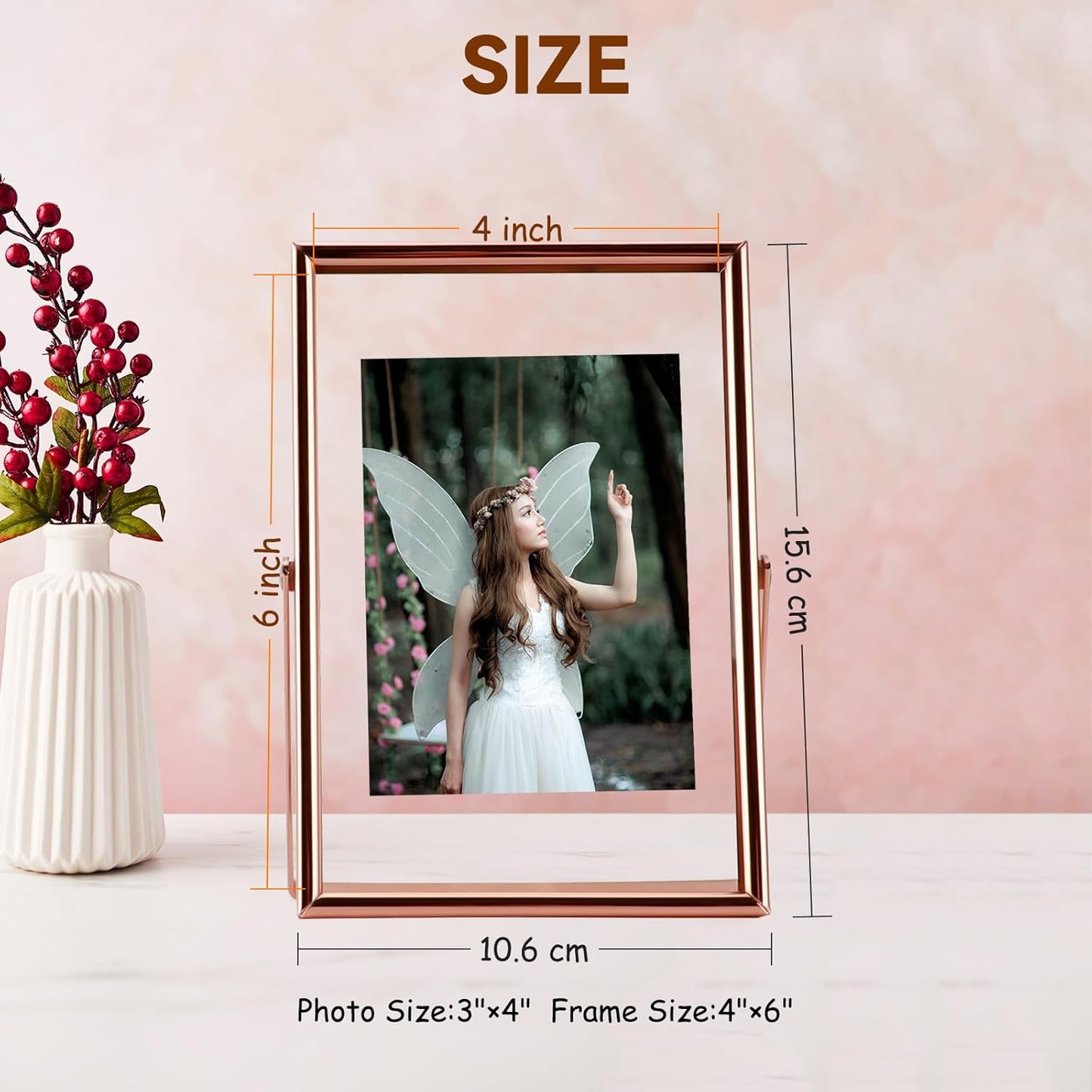 Rose Gold Floating Frame, 4"x6", Vertical, For Picture 3.5x5, 3x4, 2x3, Mini Tabletop Photo Frame, Classy For Festival, Wedding, or Birthday, Home or Office Decoration