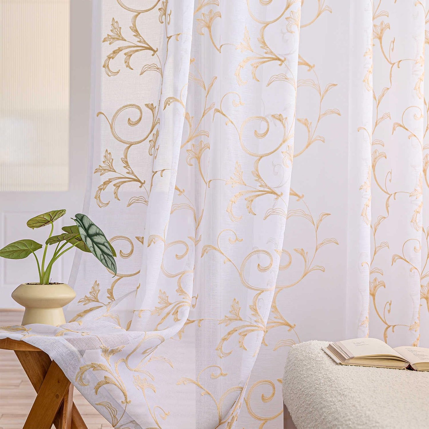 Sheer Curtains White-Beige 45 Inch Length Floral Embroidery Vintage Rod Pocket Voile Drapes for Living room, Bedroom, Window Treatments Semi Crinkle Curtain Panels for Farmhouse Set of 2, 52"x 45".
