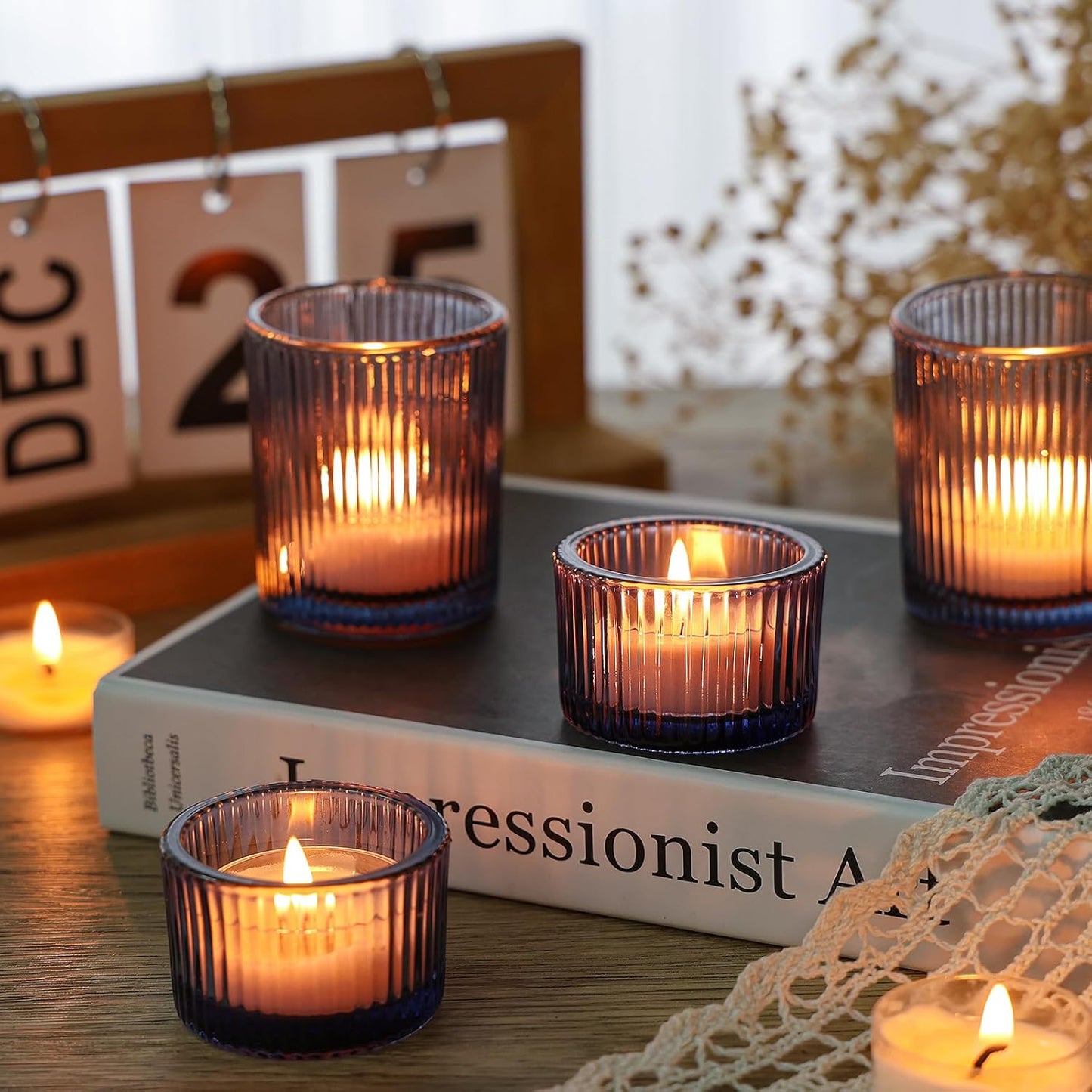 24 Pcs Ribbed Votive Candle Holders, Dark Blue Glass Holders Bulk for Table Centerpiece, Tealight Holders Glass for Wedding Shower, Party and Home Decor