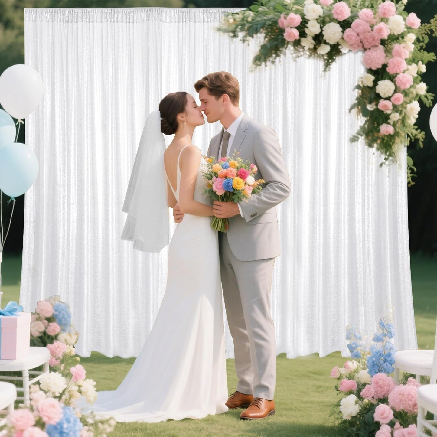 White Sequin Backdrop Curtain 4 Pieces 2FTx8FT Glitter Photography Backdrop for Party Wedding Birthday Christmas Decorations