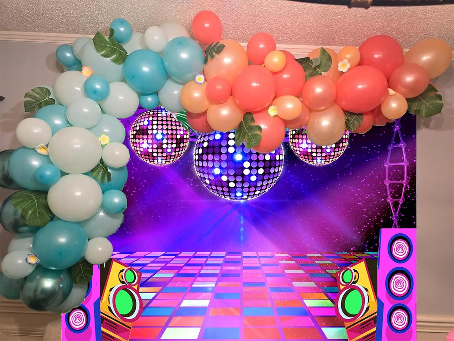 Dance Party Backdrop Retro 80s 90s Theme Stage Dance Ball Music Birthday Party Decoration DJ Photography Background 8 x 6 ft for Baby Shower Picture Photo Shoot Polyester Fabric, Green