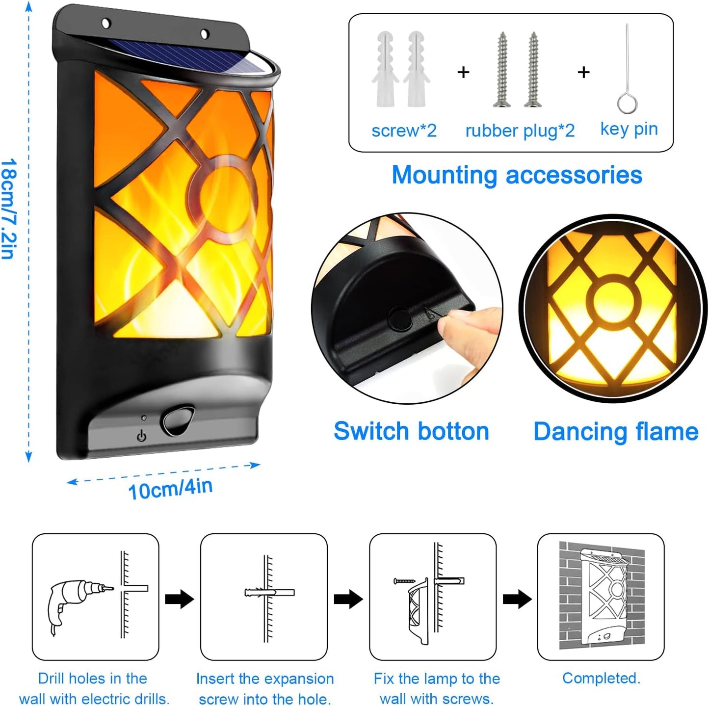 6 Pack Solar Flame Lights Outdoor Waterproof - Realistic 3D Flickering Flame Wall Lantern with 66 Ultra-Bright LEDs - Auto On/Off Fire Effect Lighting for Fence, Patio, Garden Decor