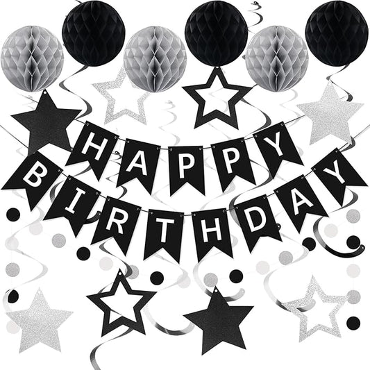 meowtastic Birthday Decorations, Happy Birthday Banner with Honeycomb Balls, Star Hanging Swirl Streamer, Circle Dot Garland, Happy Birthday Party Decoration for Women Men Boys Girls (Black & Silver)