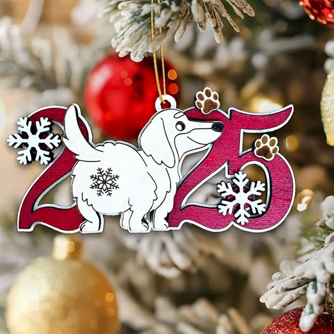 Longhaired Dachshund 2025 Christmas Ornament – Cute Wooden Dog Tree Decoration with Snowflakes & Paw Prints for Dachshund Lovers, Pet Owner Christmas Décor