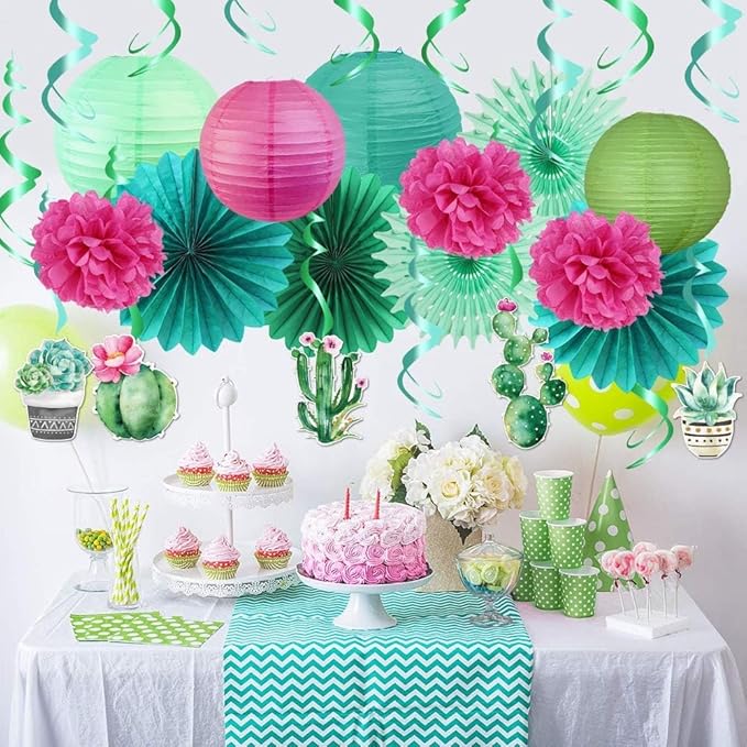 SUNBEAUTY Summer Party Decoration Hanging Cactus Swirls Paper Lanterns Paper Fans kit for Hawaiian Luau Party Tropical Party Baby Shower Birthday Party Supplies