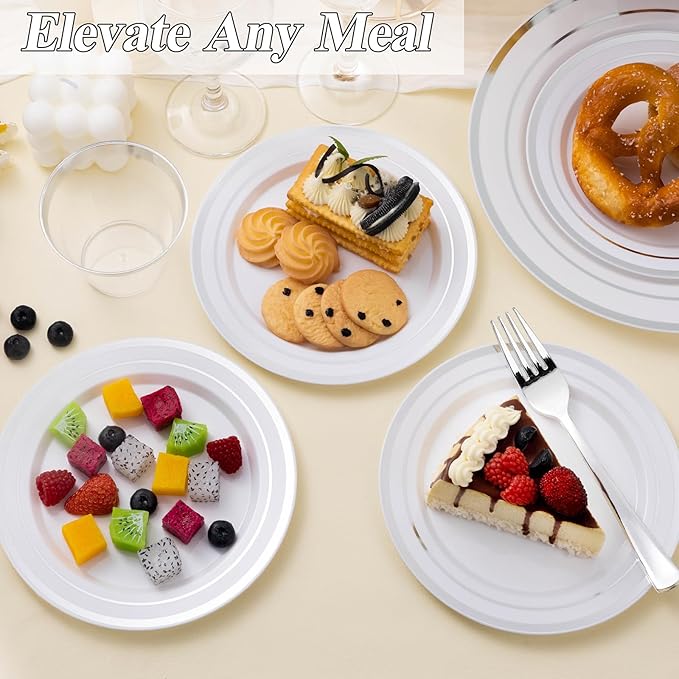 BESTSTAR 100PCS Silver Plastic Plates Set, 50 10.25 inch Dinner Plate and 50 7.5 inch Dessert Plates, Premium Disposable Plates for Party, Wedding