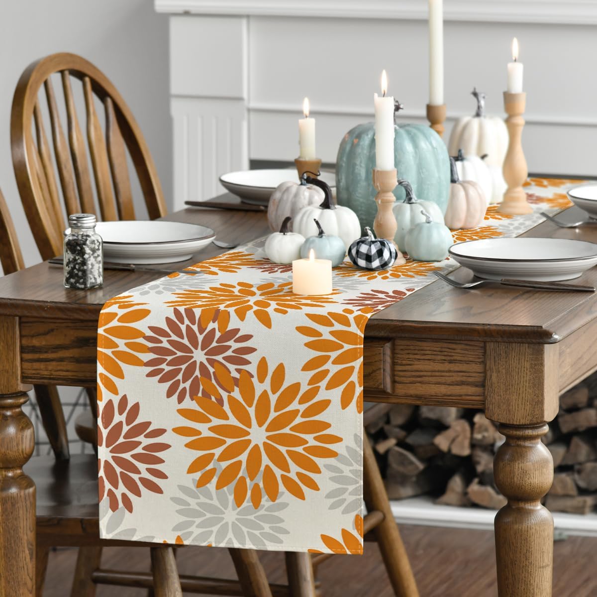 Artoid Mode Orange Dahlia Floral Pinnata Fall Table Runner, Seasonal Autumn Thanksgiving Kitchen Dining Table Decoration for Home Party Decor 13x90 Inch