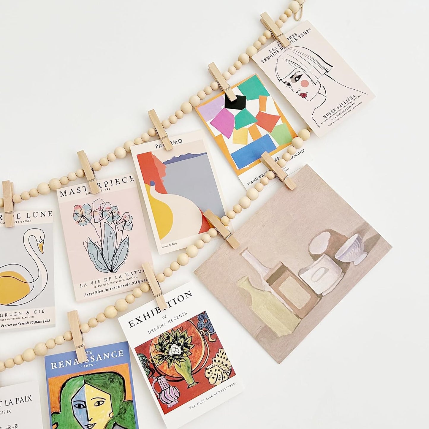 2PCS Hanging Photo Display with Clips, Photo String with 12 Clips, Boho Wooden Bead Garland Collage Picture for Classroom, Bedroom, Office Wall Decor