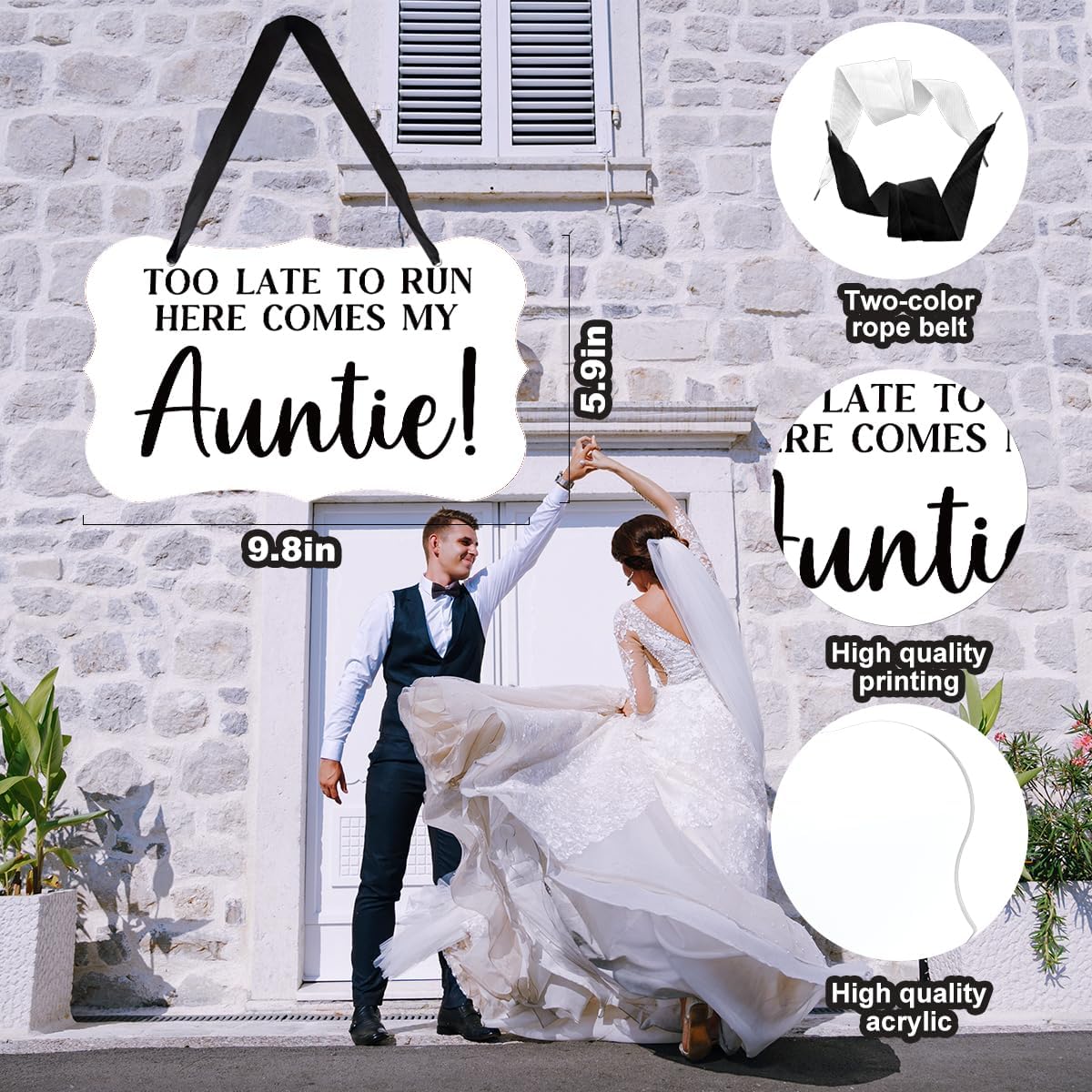 Acrylic Wedding Sign, Ring Bearer Sign, Rustic Wedding Decor Signs, Acrylic Wall Art With Ribbon for Chairs Weddings Decor and Event Party - Too Late to Run Here Comes My Auntie (White)