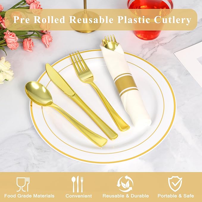 200 Pack Pre Rolled Gold Plastic Silverware Set,Wrapped Plastic Cutlery Set with Napkin Include 200 Forks,200 Spoons,200 Knives and 200 White Napkins for Party,Wedding,Christmas