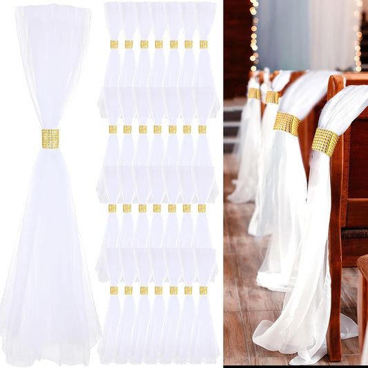 24 Set Wedding Aisle Chair Decorations 31.5 Inch Pew Bows with Long Tulle Tails and Rhinestone wrap for Wedding Ceremony Church Bridal Shower Banquet Decor (Gold)