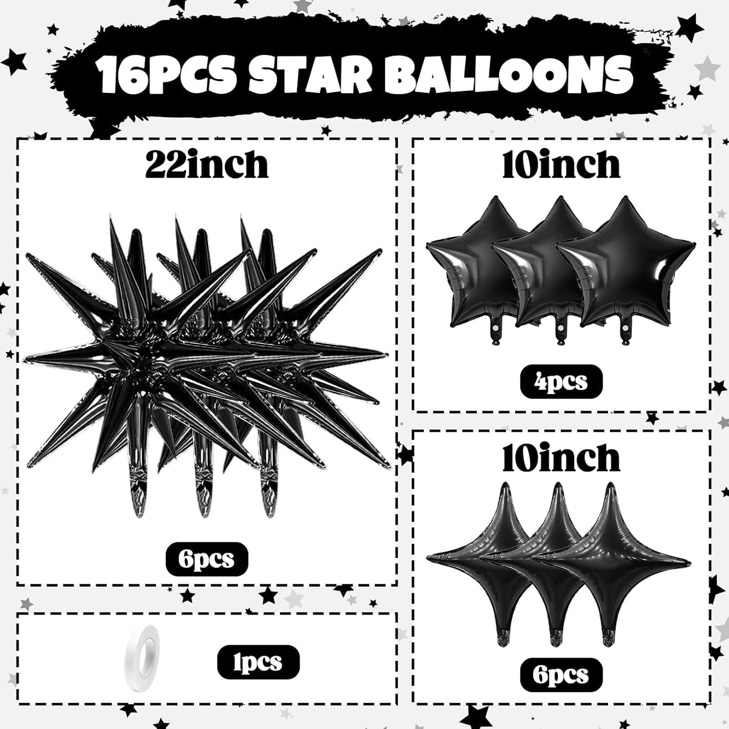 Black Star Balloon,16Pcs Star Foil Balloons Set with 22Inch Explosion Spike Cone Balloons and 10Inch Quadrangle Helium Balloon for Birthday Wedding Baby Shower and Halloween Party Decorations