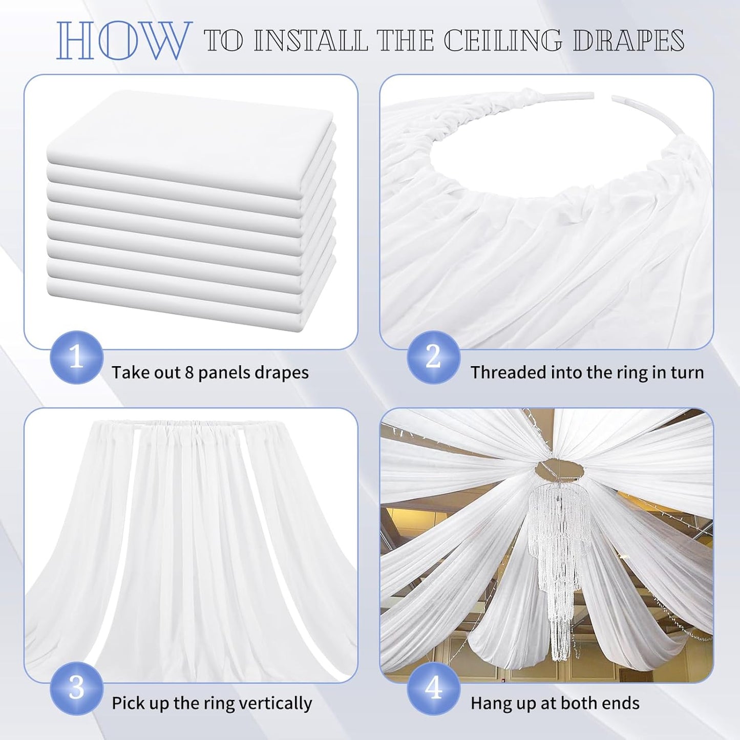 8 Panels White Ceiling Drapes for Wedding 5ftx30ft Sheer Drapery Chiffon Fabric Arch Draping Curtains for Party Ceremony Birthday Baby Shower Reception Stage Ceiling Decorations