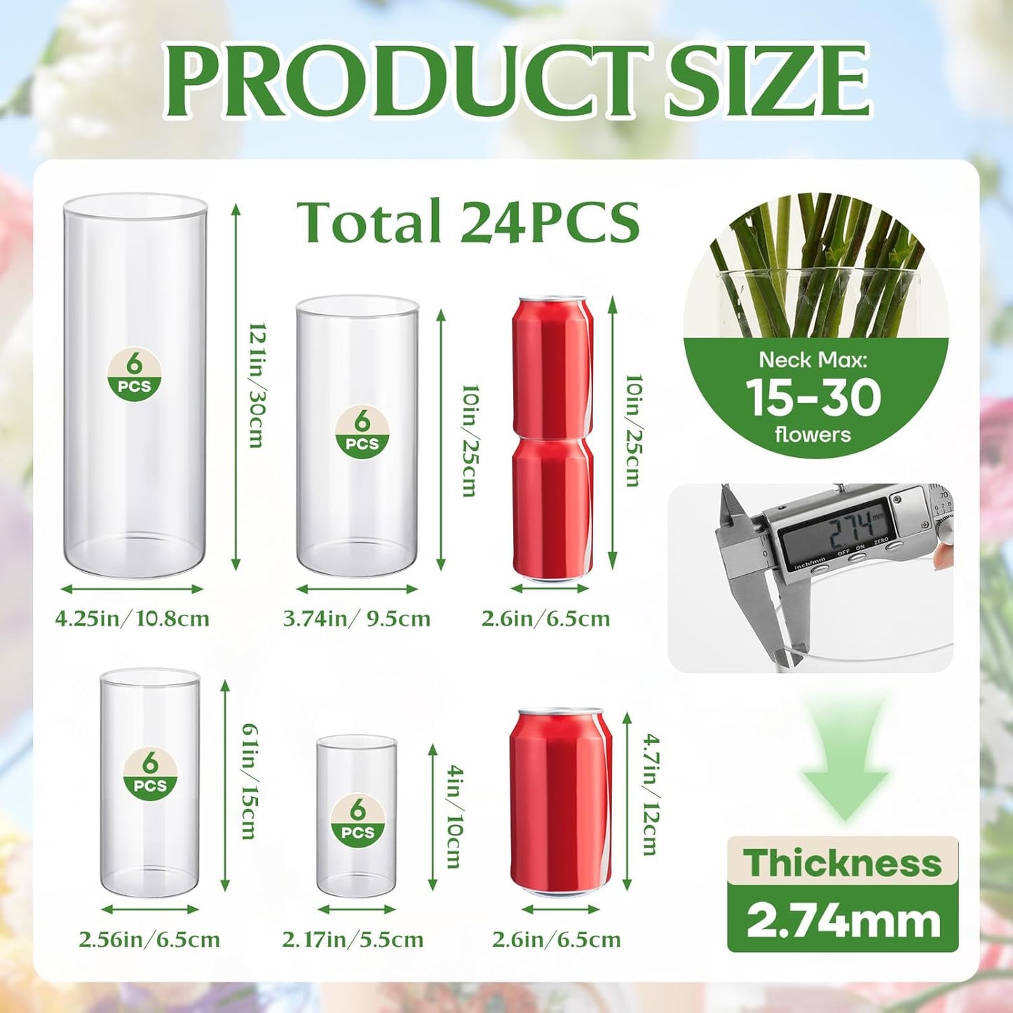 24pcs Clear Glass Cylinder Vases, 4, 6,10,12 inch Tall Hurricane Floating Candle Holder Vase for Centerpieces,Glass Candle Vase Flower Vase for Table Shelf, Wedding, Party,Home & Office Decor